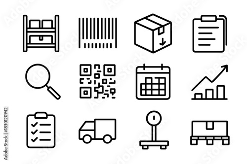 Inventory Management Icons. Inventory management. Line icon set of inventory management: warehouse shelf, barcode, box, clipboard, magnifier, QR