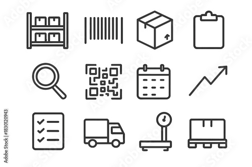 Inventory Management Icons. Inventory management. Line icon set of inventory management: warehouse shelf, barcode, box, clipboard, magnifier, QR