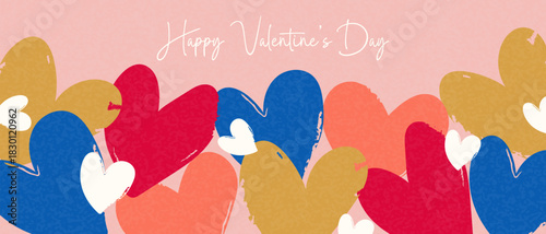 Valentine's Day banner with colorful hearts in a textured grunge style. Love and romance concept for a greeting card or social media post.