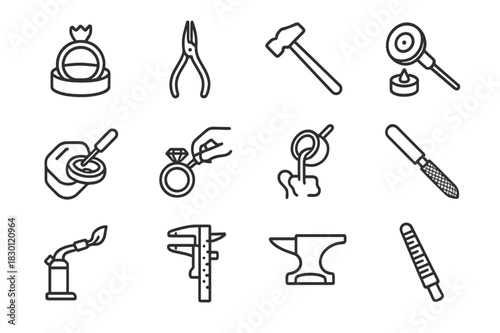 Jewelry Tools Icon Set. Jewelry making. Line icon set of jewelry making: ring mold, pliers, hammer, polishing wheel, wax carving, gem setting, casting, filing