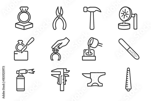 Jewelry Tools Icon Set. Jewelry making. Line icon set of jewelry making: ring mold, pliers, hammer, polishing wheel, wax carving, gem setting, casting, filing