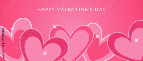 Valentine's Day banner with glittery pink hearts on a gradient background. Romantic greeting card design for love and celebration.