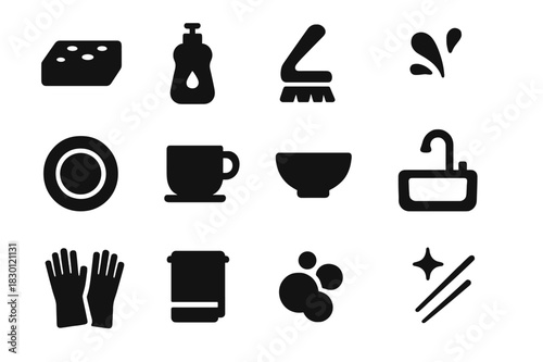 Kitchen Cleaning Icons. Kitchen cleaning. Solid icon set of Kitchen cleaning: sponge, dish soap, scrub brush, water splash, plate, cup, bowl, sink, gloves,
