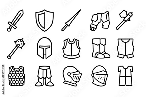 Knight Gear Icons. Knight Battle Gear. Line icon set of Knight Battle Gear: sword, shield, lance, battle axe, mace, helmet, gauntlets, boots, chainmail,