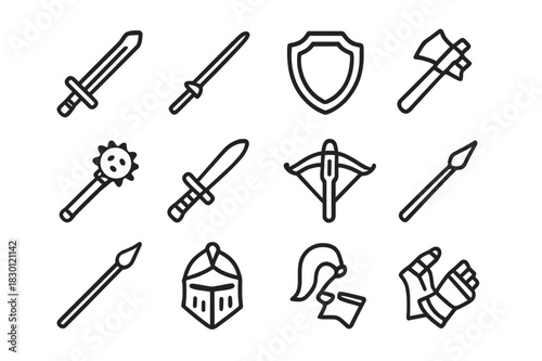 Knight Weapon Icon Set. Knight Weapons. Line icon set of Knight Weapons: sword, lance, shield, battle axe, mace, dagger, crossbow, flail, spear, arrow, helmet,