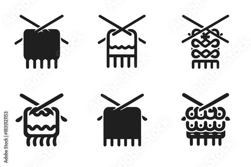 Knitting Icons Set. Knitting a scarf. Icon set. Set Logo of knitting a scarf: scarf in progress looping between two needles. harmonious logo variations of the