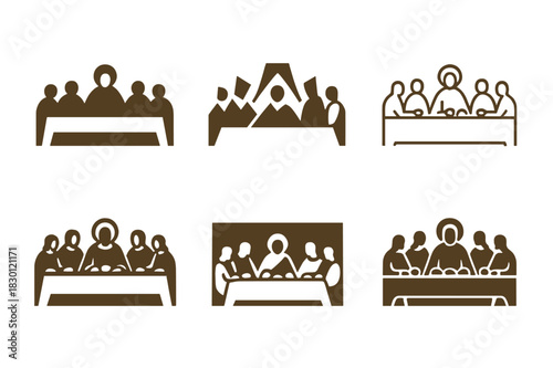 Last Supper Logos. Last Supper. Icon set. Set Logo of Last Supper: stylized communal meal. harmonious logo variations of the same emblematic concept, each with