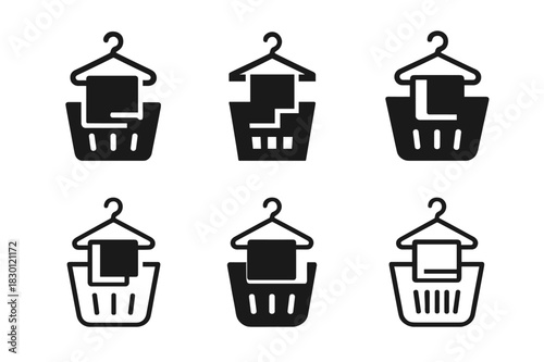 Laundry Icon Set. Hanging up clothes immediately after laundry. Icon set. Set Logo of hanging up clothes immediately after laundry: laundry basket. harmonious