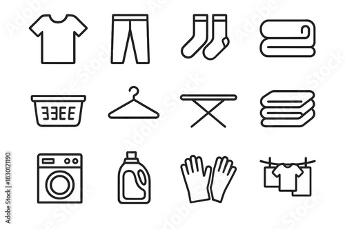 Laundry Icons Set. Laundry Chores. Line icon set of Laundry Chores: t-shirt, pants, socks, towel, laundry basket, hanger, ironing board, folded stack, washing
