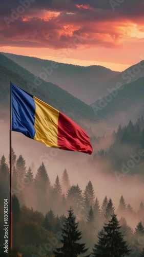 The Romanian flag stands tall among pine trees, set against the stunning backdrop of the Carpathian Mountains.