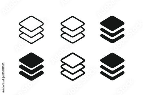 Logo Variations Grid. Layers unfolding. Icon set. Set Logo of cascading sheets. harmonious logo variations of the same emblematic concept (Minimal outline,