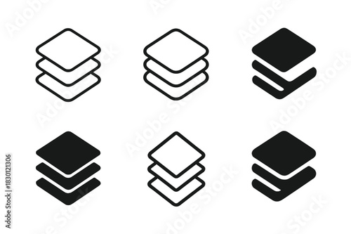 Logo Variations Grid. Layers unfolding. Icon set. Set Logo of cascading sheets. harmonious logo variations of the same emblematic concept (Minimal outline,