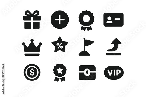 Loyalty Icons Grid. Loyalty and rewards. Solid icon set of Loyalty and rewards: gift box, points icon, loyalty badge, membership card, crown icon, discount