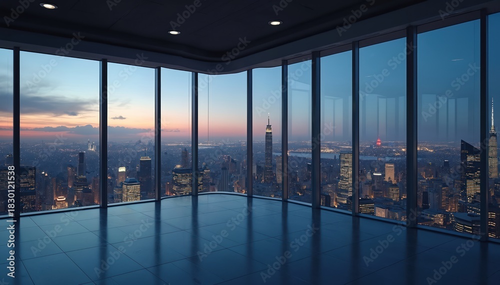 Obraz premium Empty office space with large windows overlooking city skyline at dusk. Modern skyscraper view includes lights and buildings stretching into horizon. Corporate interior design.