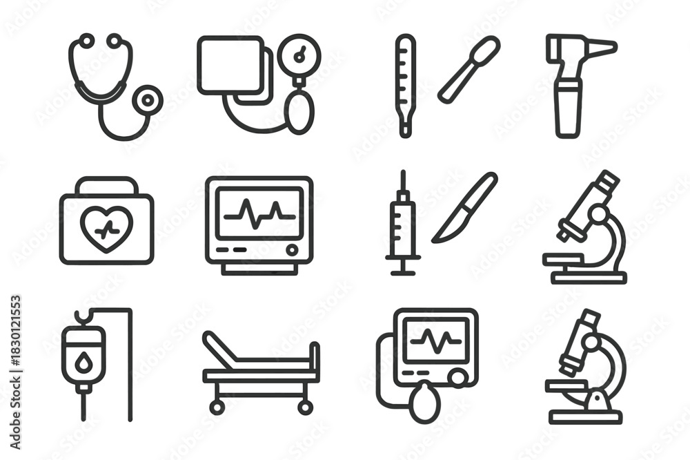 Fototapeta premium Medical Equipment Icons. Medical Equipment. Line icon set of Medical Equipment: stethoscope, sphygmomanometer, thermometer, otoscope, defibrillator, ECG