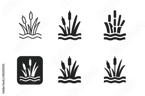 Marshland Logo Icons. Waterfront habitats and marshlands. Icon set. Set Logo of waterfront habitats and marshlands: riverbank vegetation. harmonious logo