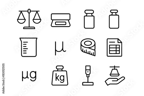 Mass Measurement Icons. Mass measurement. Line icon set of mass measurement: balance scale, digital scale, weight block, calibration weight, lab beaker, unit