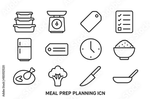 Meal Prep Icons. Meal prep planning. Line icon set of meal prep planning: container set, scale, cutting board, grocery list, fridge, label, clock, rice bowl,