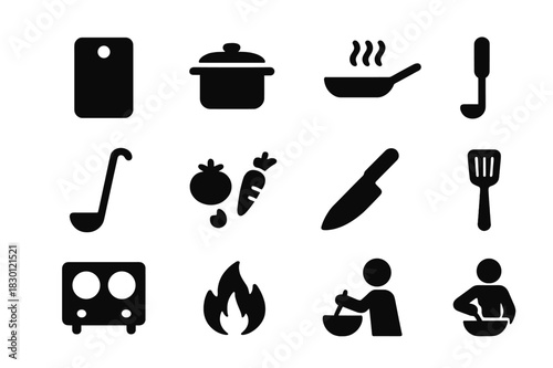 Meal Prep Icons. Meal preparation. Solid icon set of Meal preparation: chopping board, pot, pan, stirring spoon, ladle, heat waves, ingredients, knife,
