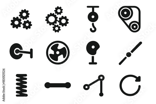 Mechanical Systems Icons. Mechanical systems. Solid icon set of Mechanical systems: rotating gears, gear train, pulley system, belt drive, crank, flywheel,