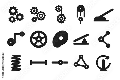 Mechanical Systems Icons. Mechanical systems. Solid icon set of Mechanical systems: rotating gears, gear train, pulley system, belt drive, crank, flywheel,