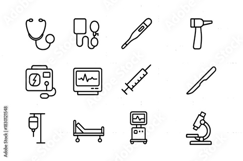 Medical Equipment Icons. Medical Equipment. Line icon set of Medical Equipment: stethoscope, sphygmomanometer, thermometer, otoscope, defibrillator, ECG