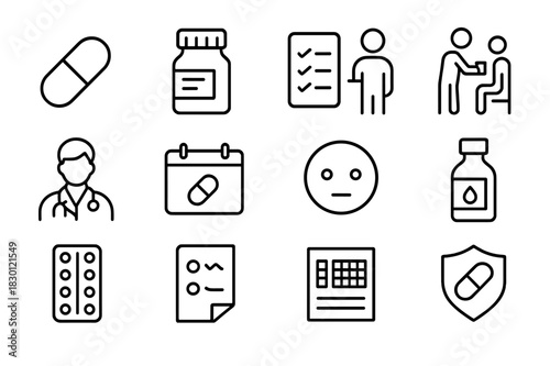 Medication Treatment Icons. Medication-assisted treatment. Line icon set of medication-assisted treatment: pill icon, medication bottle, treatment checklist,
