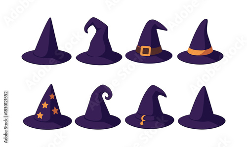 Witch hats collection, flat vector illustration with magic, wizard design