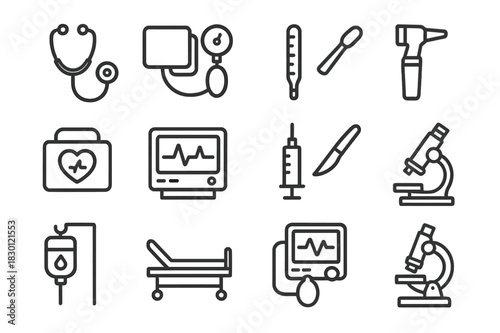 Medical Equipment Icons. Medical Equipment. Line icon set of Medical Equipment: stethoscope, sphygmomanometer, thermometer, otoscope, defibrillator, ECG