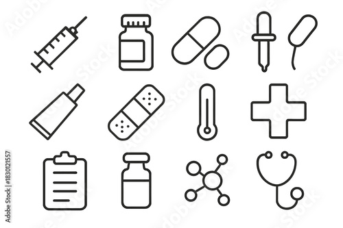 Medicine Icons Collection. Medicine and treatment. Line icon set of medicine and treatment: syringe, pill bottle, capsule, dropper, ointment tube, bandage,