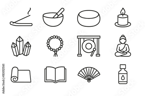 Meditation Icons Set. Meditation objects. Line icon set of meditation objects: incense holder, singing bowl, cushion, candle, crystals, prayer beads, gong,