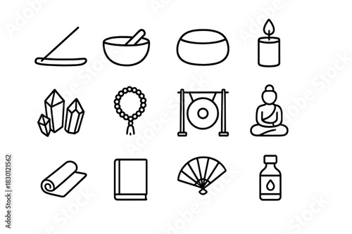 Meditation Icons Set. Meditation objects. Line icon set of meditation objects: incense holder, singing bowl, cushion, candle, crystals, prayer beads, gong,