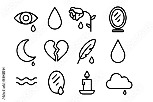 Melancholic Icon Set. Sad beauty. Line icon set of sad beauty: eye, teardrop, rose, mirror, moon, broken heart, feather, droplet, wave, reflection, candle,