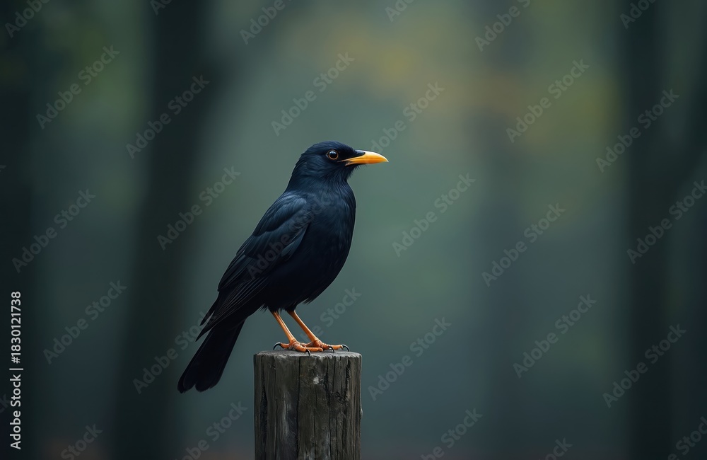 Obraz premium Dark blackbird with yellow beak rests on wooden post. Bird is perched in green forest background with soft focus. Songbird watches intently, its orange legs gripping firmly.