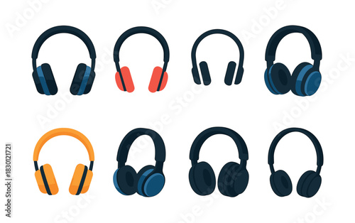 Headphone collection, audio devices, music accessories, flat vector illustration
