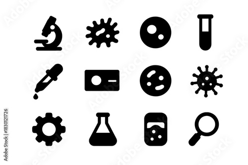 Microbiology Lab Icons. Microbiology Lab. Solid icon set of Microbiology Lab: microscope, bacteria, cell, test tube, dropper, slide, petri dish, virus, gear,