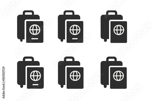 Migration Icon Set. Global Migration & Refugee Issues. Icon set. Set Logo of passport and suitcase. harmonious logo variations of the same emblematic concept