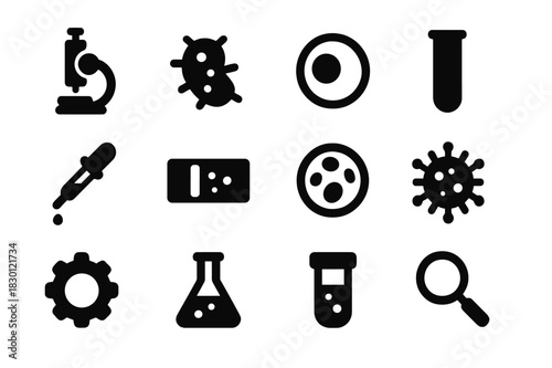 Microbiology Lab Icons. Microbiology Lab. Solid icon set of Microbiology Lab: microscope, bacteria, cell, test tube, dropper, slide, petri dish, virus, gear,