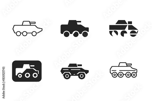 Military Convoy Logos. Military convoy. Icon set. Set Logo of military convoy: Armored vehicles in line. harmonious logo variations of the same emblematic