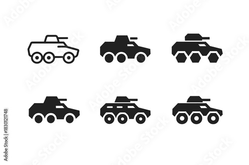 Military Convoy Logos. Military convoy. Icon set. Set Logo of military convoy: Armored vehicles in line. harmonious logo variations of the same emblematic