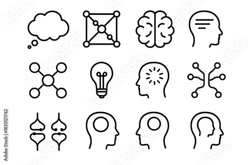 Mind Mapping Icons. Mind Mapping. Line icon set of Mind Mapping: thought bubble, neural network, brain, connection nodes, idea, memory, synapse, insight,