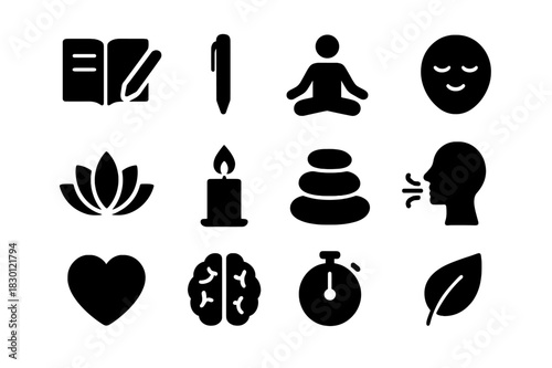 Mindfulness Icon Set. Mindfulness journaling. Solid icon set of Mindfulness journaling: journal, pen, meditation pose, calm face, lotus position, candle, zen
