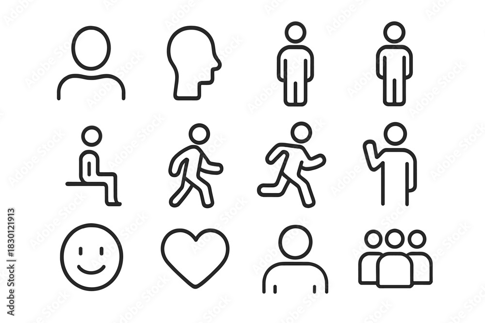 Obraz premium Mono Line Person Icons. Person. Line icon set of person: human silhouette, profile, head, shoulders, standing figure, sitting figure, walking figure, running