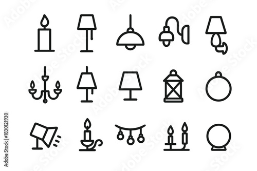 Moody Lighting Icons. Moody Lighting. Line icon set of Moody Lighting: candle, floor lamp, pendant lamp, wall sconce, chandelier, table lamp, lamp shade,