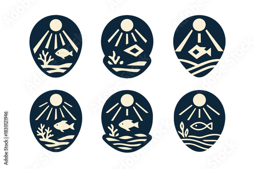 Moonlit Marine Logos. Marine life under moonlit waters. Icon set. Set Logo of marine life under moonlit waters: moonlight rays over ocean floor. harmonious