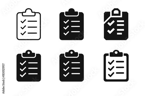 Morning Checklist Icons. Planning the workday with a morning checklist. Icon set. Set Logo of planning the workday with a morning checklist: clipboard with