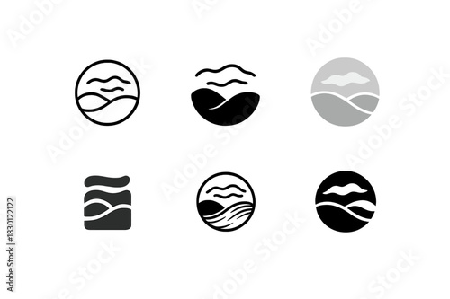 Morning Fog Logos. Morning Fog. Icon set. Set Logo of morning fog: low-lying mist over hills. harmonious logo variations of the same emblematic concept, each
