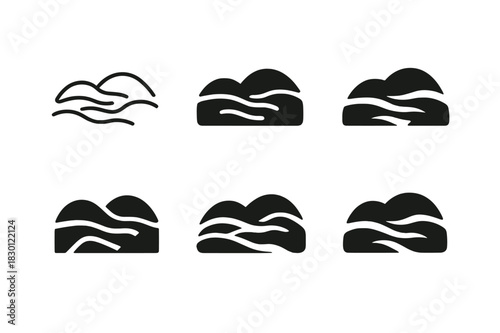 Morning Fog Logos. Morning Fog. Icon set. Set Logo of morning fog: low-lying mist over hills. harmonious logo variations of the same emblematic concept, each