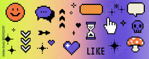 8-bit pixel art icons in vivid retro colors with sparkles, hearts, cursors, skulls and quirky symbols. Conceptual vector illustration for Y2K nostalgia, social media vibes, retro gaming.
