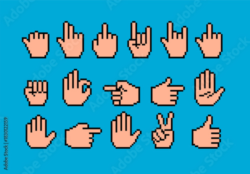 Collection of 16 pixel-art hand gestures in classic 8-bit style. Conceptual vector illustration for retro emojis, cursor pointers, digital communication and vintage gaming culture.